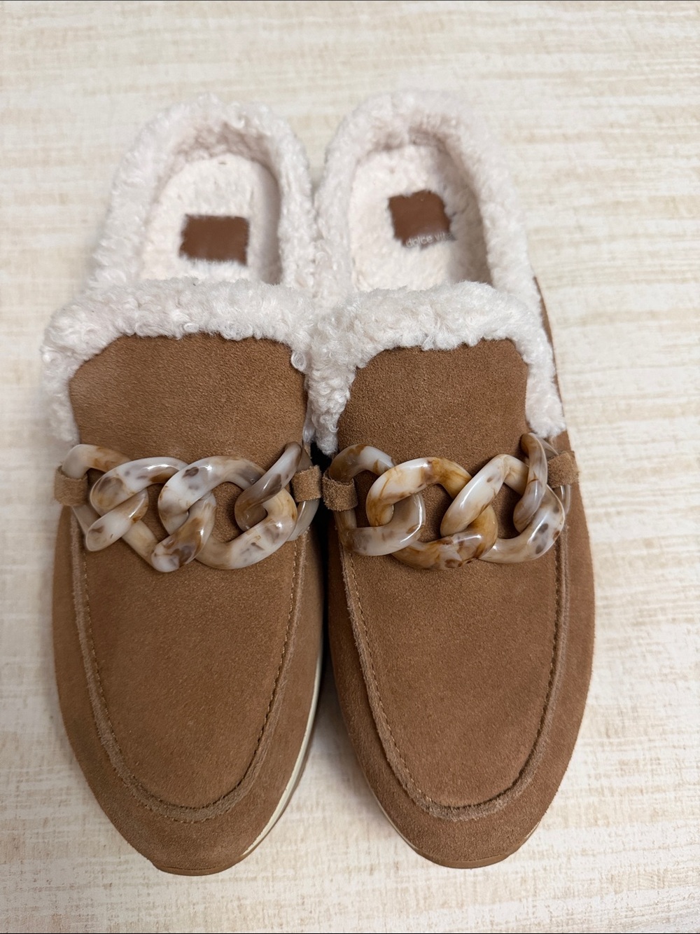 Dolce Vita Tan Suede Sherpa-Lined Slip-On Mules with Marbled Chain